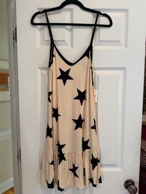 Women’s Star-Print Cream and Black Spaghetti Strap Dress